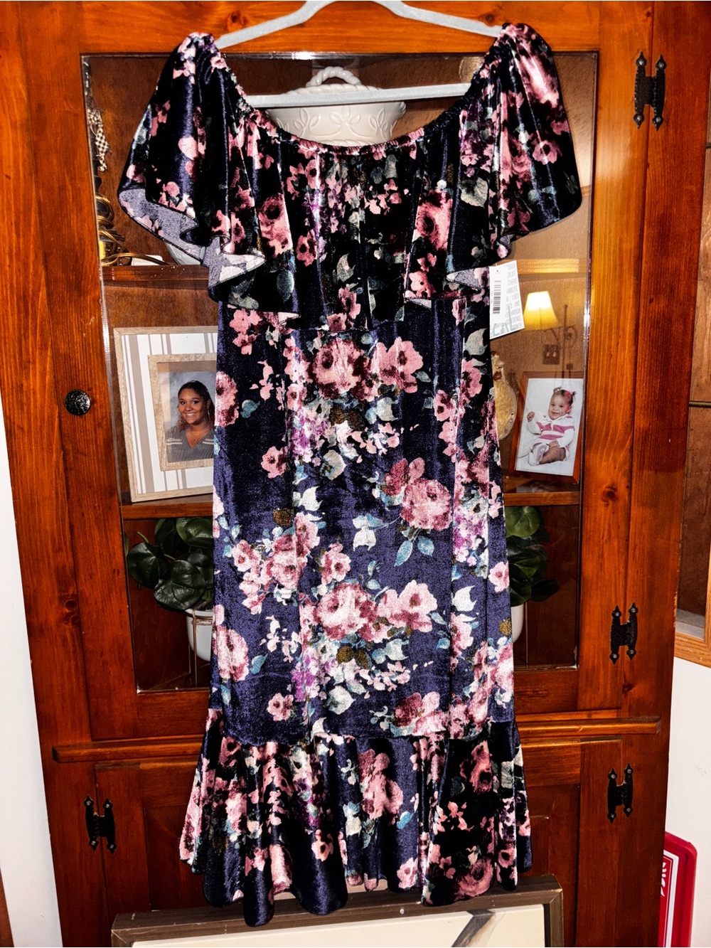 LuLaRoe Floral Velvet Off-Shoulder Midi Dress in Navy and Pink